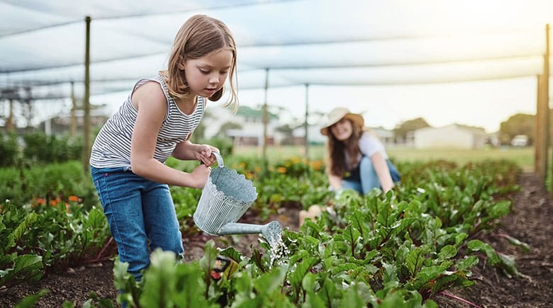 Woman and girl watering plants in greenhouse