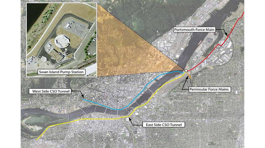 Aerial photo with renderings of the improvements done to the Swan Island CSO Pump Station in Portland Oregon by Carollo Engineers