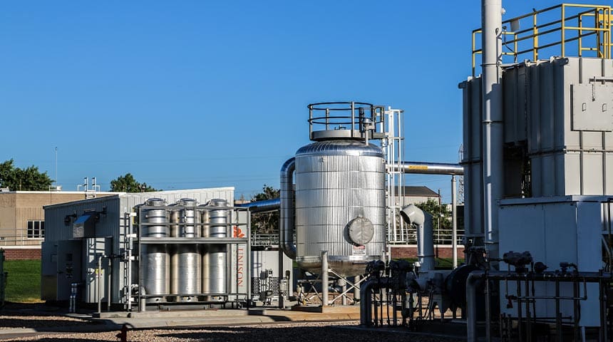 Outside pipes at the South Platte Renew Gas Recovery Facility