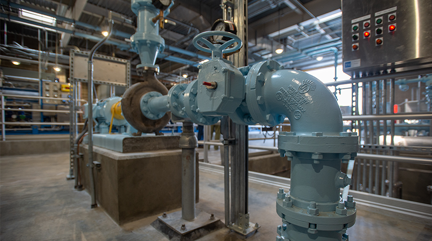 pipes and valves inside the improved Geren Island Water Treatment Plant in Salem Oregon by Carollo Engineers