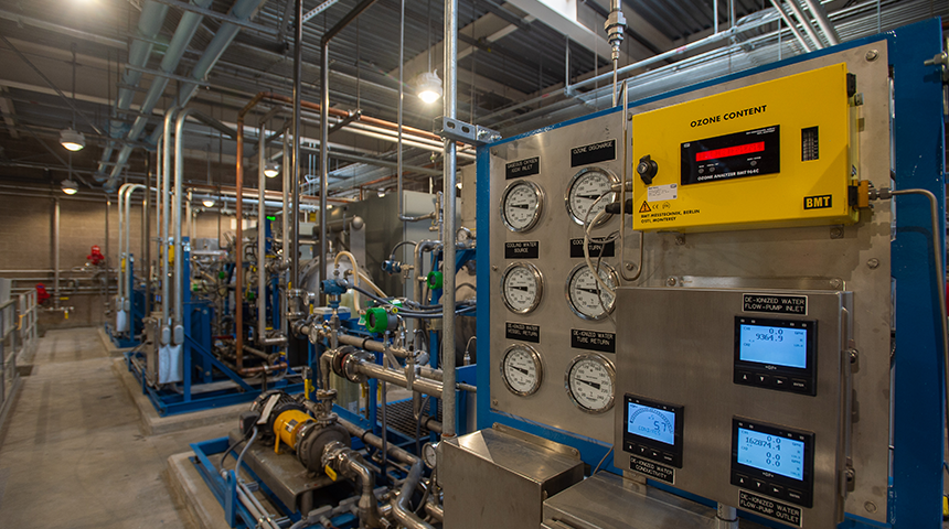 gauges and valves inside the improved Geren Island Water Treatment Plant in Salem Oregon by Carollo Engineers
