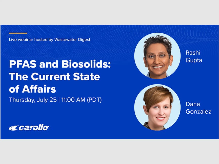 PFAS experts Rashi Gupta and Dana Gonzalez head shots with a webinar title "PFAS and biosolids: the current state of affairs