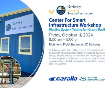 Center for smart infrastructure building with text about the pipeline system testing for hazard resilience workshop.