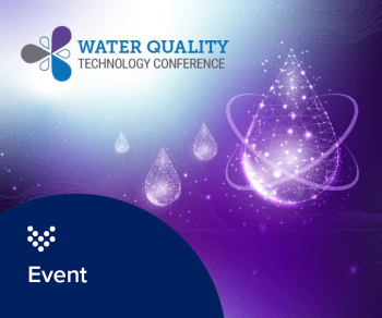 Digital looking water droplet on a purple background with the words Water Quality Technology Conference 2024