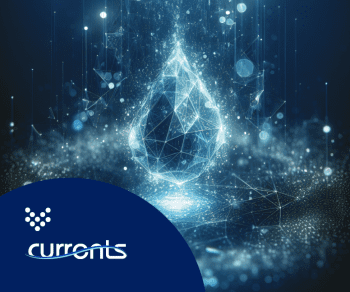 A very digital looking water droplet that comes from the cover of the 2024 volume 3 of Currents, which talks about machine learning and AI in the water industry.