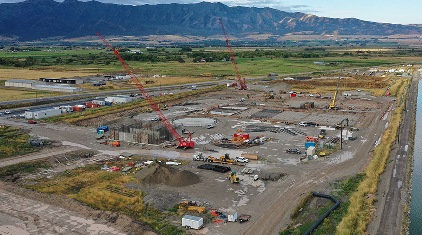 Arial photo of the in-progress Logan Regional Wastewater Treatment Facility designed by Carollo Engineers