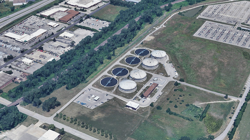 Arial view of Kansas City Water's Blue River Wastewater Treatment Plant, improvements planned by Carollo Engineers.