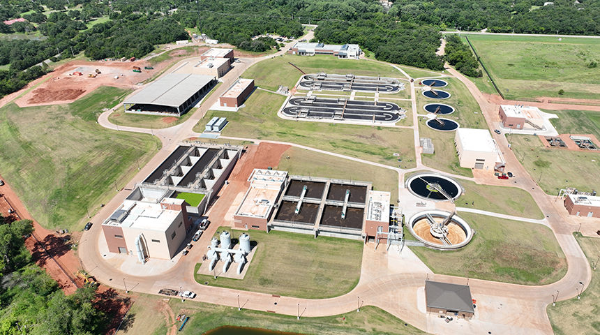 Arial photo of the Coffee Creek Water Resource Recovery Facility expansion in Edmond, Oklahoma performed by Carollo Engineers