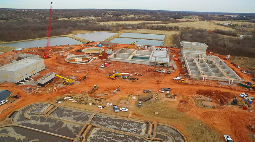 Arial photo of the Coffee Creek Water Resource Recovery Facility expansion in Edmond, Oklahoma performed by Carollo Engineers