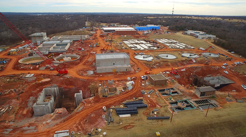 Arial photo of the Coffee Creek Water Resource Recovery Facility expansion in Edmond, Oklahoma performed by Carollo Engineers