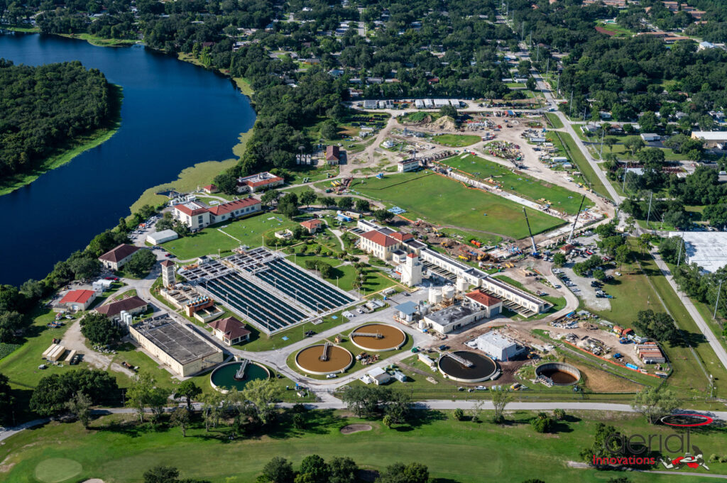 Arial view of David L Tipping Water Treatment Facility in Tampa Bay, with world's largest suspended ion exchange system designed by Carollo Engineers